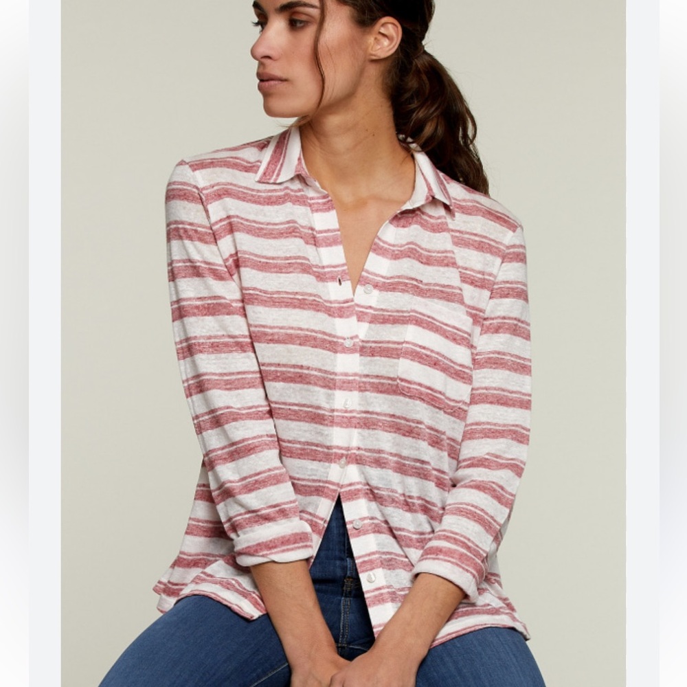 81 HOURS Striped Button Down Linen Blend Top Size S